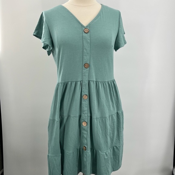Light Olive Button Front Tiered Dress Ladies Medium - Picture 1 of 7